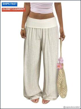 Wide Leg Linen Lounge Pants Fold Over Low Rise Elastic Waist Casual Trousers